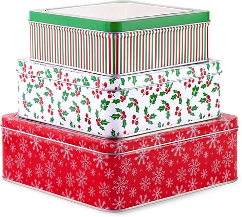 Amazon｜Steel Mill & Co 正方形ブリキ容器 蓋付き 3パック クリスマスクッキー缶 ギフトやホリデーのおやつに メタル ...