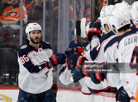 Kirill Marchenko of the Columbus Blue Jackets celebrates his goal ...