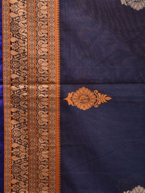 Navy Kanchipuram Cotton Saree with Body Buta and Peacock Border Design ...