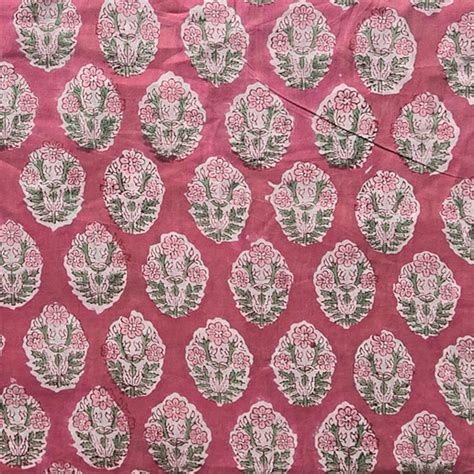 Pure Cotton Jaipuri Pink With Flower Plant Motif Hand Block Print Fabr ...