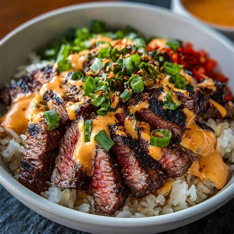 Korean BBQ Steak Rice Bowls with Spicy Cream Sauce - Snack On Meat