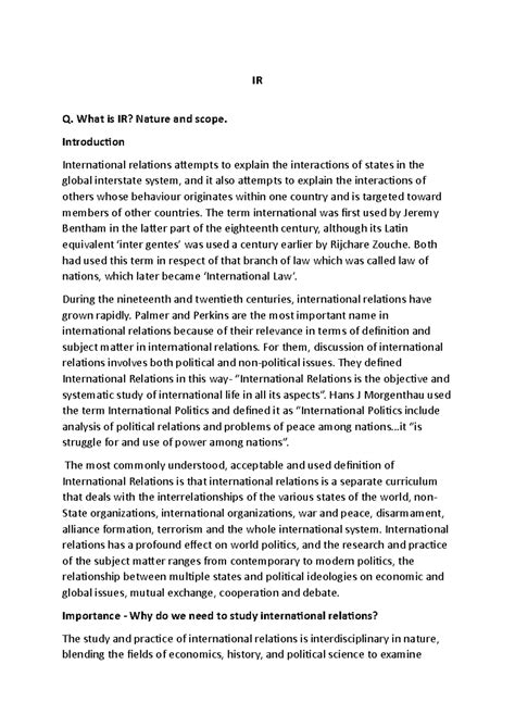 INTERNATIONAL RELATIONS notes - IR Q. What is IR? Nature and scope ...