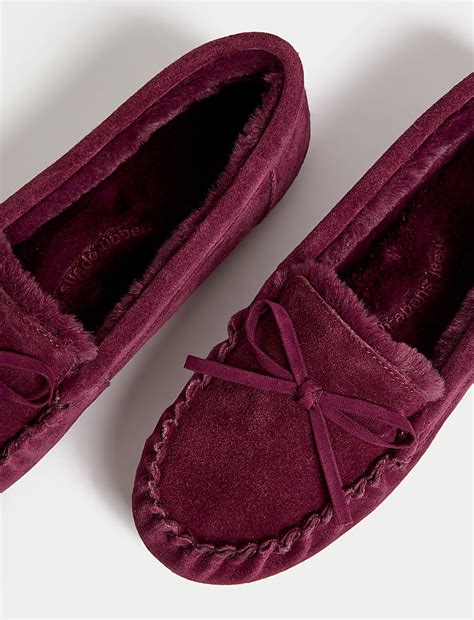 Buy Suede Bow Faux Fur Lined Moccasin Slippers at Marks & Spencer