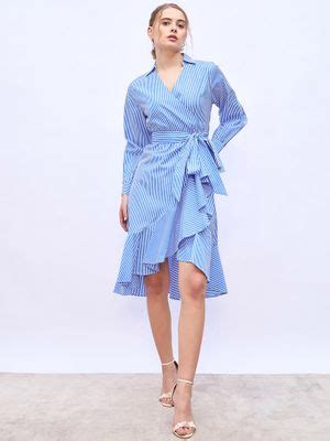 Buy Styli Blue Stripe Shirt Collar Casual Wrap Knee Length Dress with ...