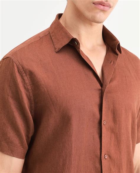 Rare Rabbit Men's Linex Ss Rust Linen Blend Fabric Half Sleeve Spread