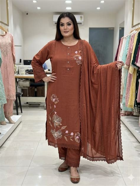 Traditional Rust Floral Embroidered Suit Set (Cotton) – design.machine1