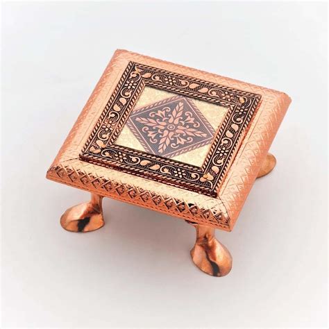 ShCraft Design Wooden Pooja Chowki Embossed Copper Metal Design Puja ...