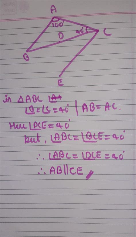 In the figure, Triangle ABC is isosceleswith AB = AC. If angle A = 100 ...