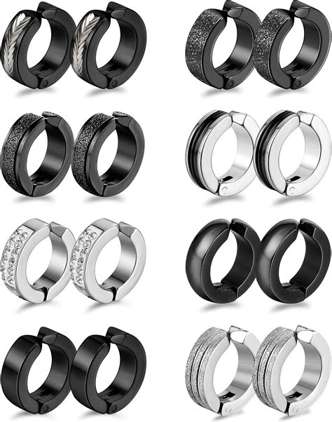 Amazon.com: RIOSO 8Pairs Clip on Hoop Earrings for Men Stainless Steel ...