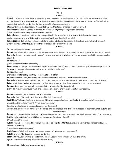 Romeo and Juliet Script - ROMEO AND JULIET ACT 1 SCENE 1 Narrator: In ...