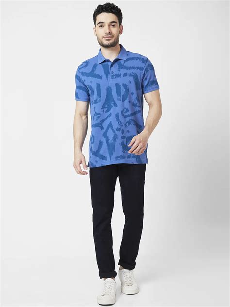 Buy Online|Spykar Men Haze Blue Cotton Slim Fit Half Sleeve Polo Neck ...