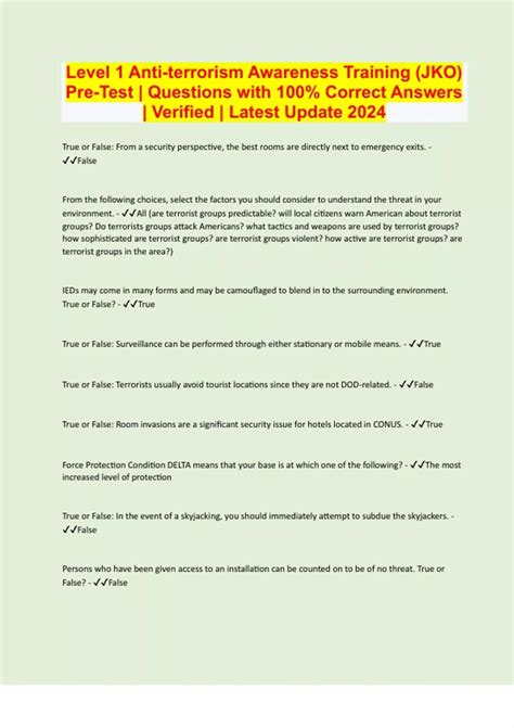 Level 1 Anti-terrorism Awareness Training (JKO) Pre-Test | Questions ...