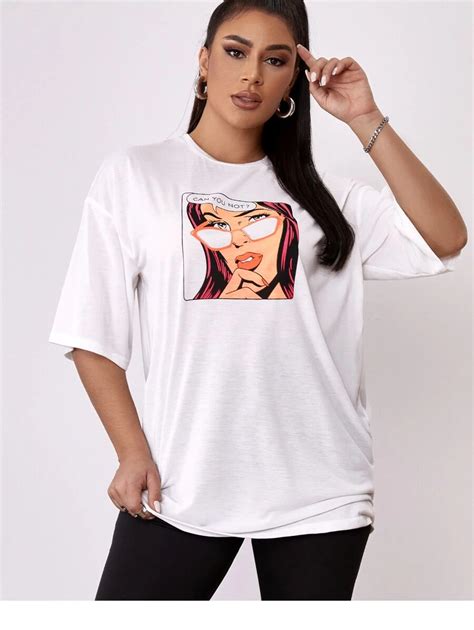 Drop Shoulder Letter & Figure Graphic Longline Tee | SHEIN USA