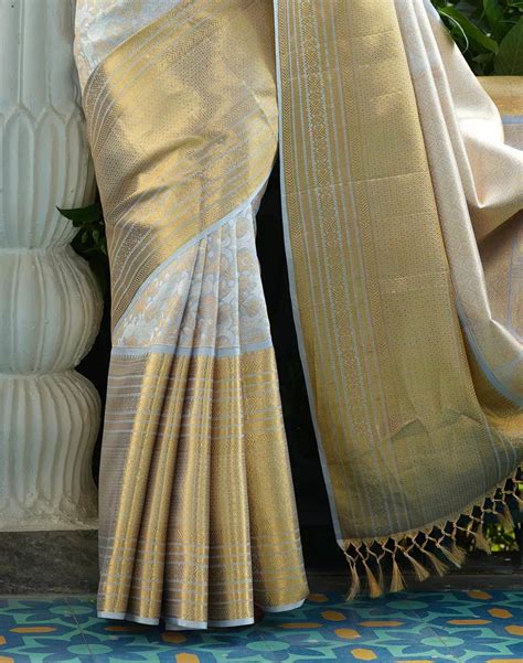 Light Grey Floral Woven Design Kanjivaram Pure Silk Saree – South India ...
