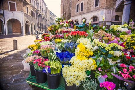 Colorful flower market at the center of historical town padua. flower ...