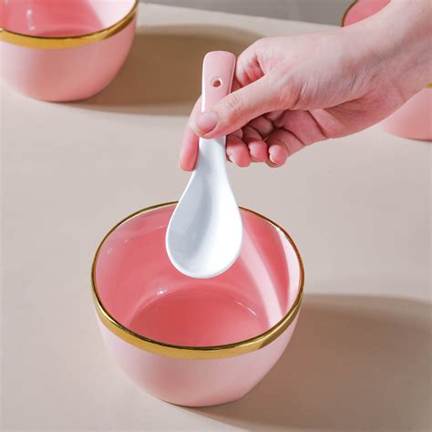 Petunia Pink Snack Bowl Set Of 4 With Chopsticks And Soup Spoons Online ...