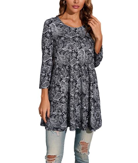 ENMAIN Women's 3/4 Sleeve Tunic Tops Casual Loose Fit Tops Grey Floral ...