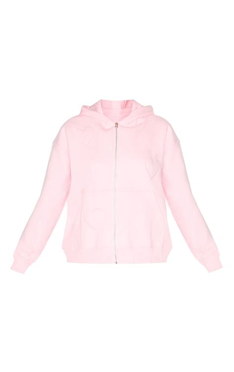 Baby Pink Embossed Heart Zip Up Hoodie | Athleisure | PrettyLittleThing USA