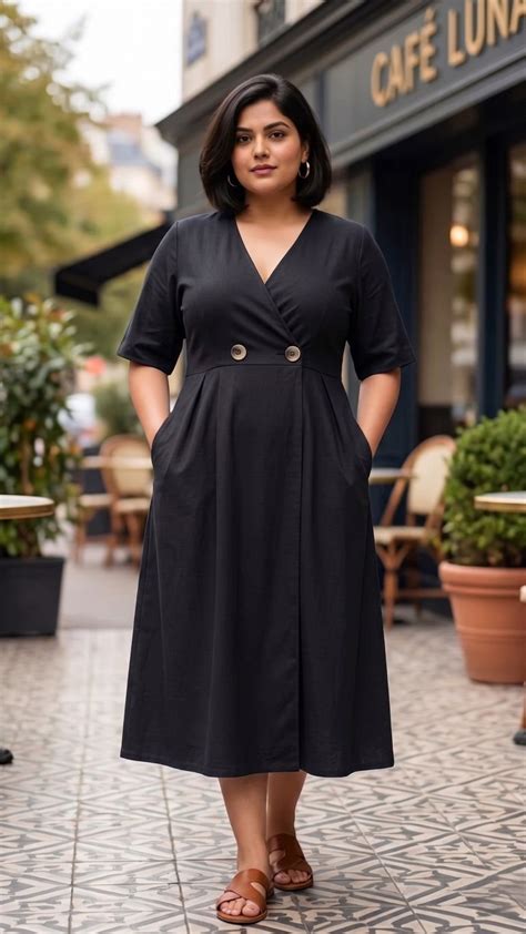 Plus Size Black Cotton Wrap Dress for Women – Elegant Midi Dress