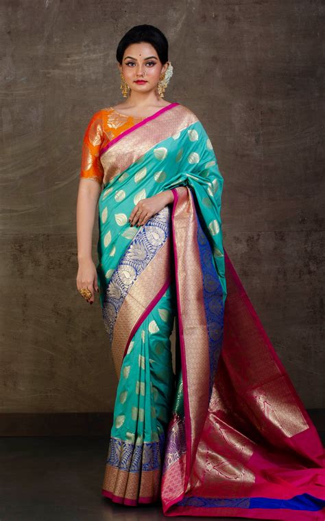 Soft Designer Semi Katan Silk Saree in Sea Green, Royal Blue and Hot P ...