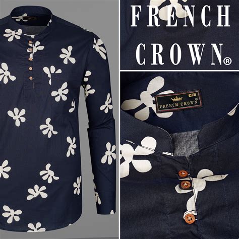 Ebony Clay Blue Stripes Prints Premium Cotton Indian Kurta Style Shirt ...