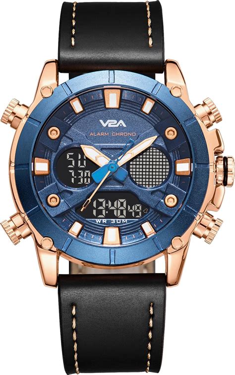 V2A Alloy Case and Genuine Leather Band Analog Digital Fashion Watch ...