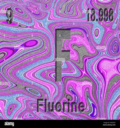 Fluorine chemical element, Sign with atomic number and atomic weight, purple background ...