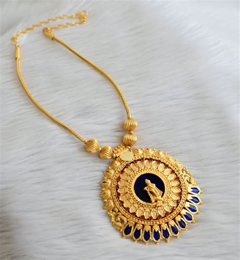 Gold tone pink-blue krishna nagapadam round kerala style kodi necklace ...