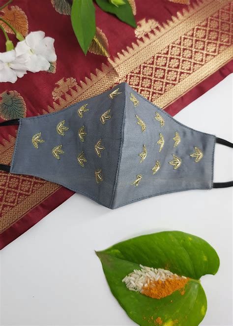 Get Gold Floral Motif Embroidered Grey Mask at ₹ 319 | LBB Shop