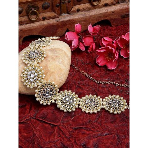 Buy OOMPH Gold Toned Kundan & Pearls Ethnic Hair Band/Hair Chain for ...