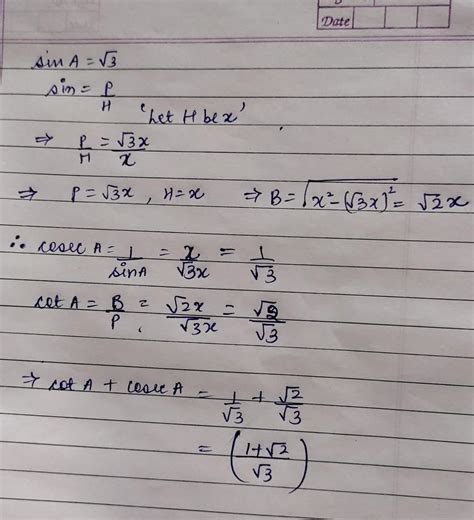 if sinA=√3 then find the value of cotA+cosecA - Brainly.in