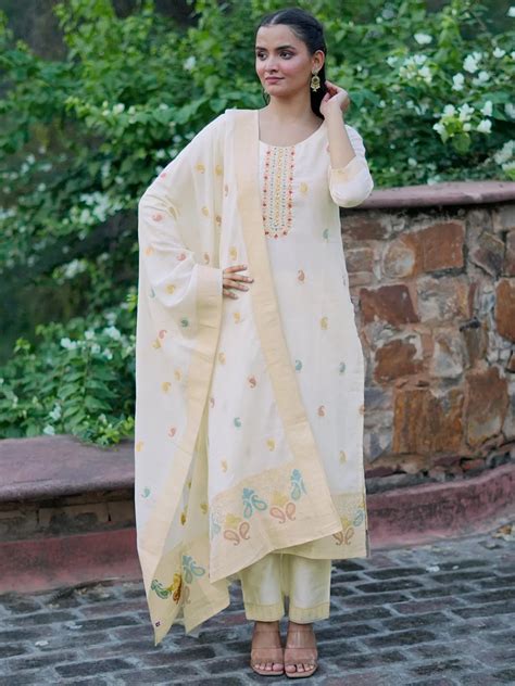 Buy Off White Woven Design Cotton Straight Suit With Dupatta Online at ...
