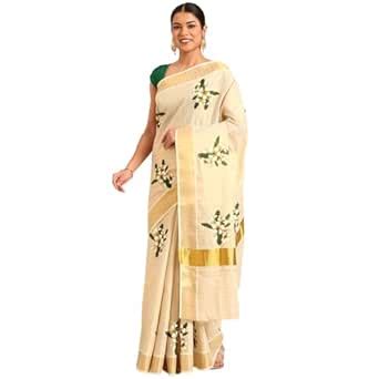 Kalyan Silks Golden Lines & White And Green Flower Print Kasavu Saree ...