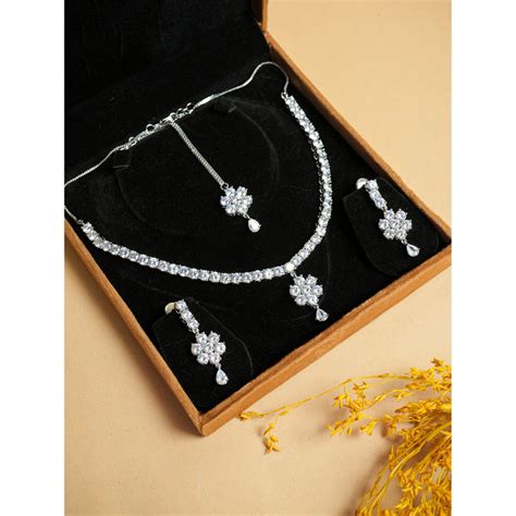 Buy VIRAASI White Rhodium-Plated Cubic Zirconia Studded Necklace Set Online