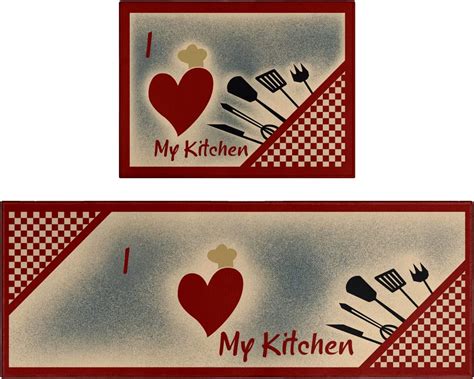 Red Kitchen Rugs Retro Utensils I Love My Kitchen Mat Red Kitchen Decor ...