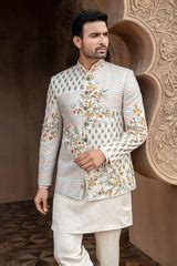 Off White Silk Jodhpuri Kurta Set with Multi Colored Thread Embroidery ...