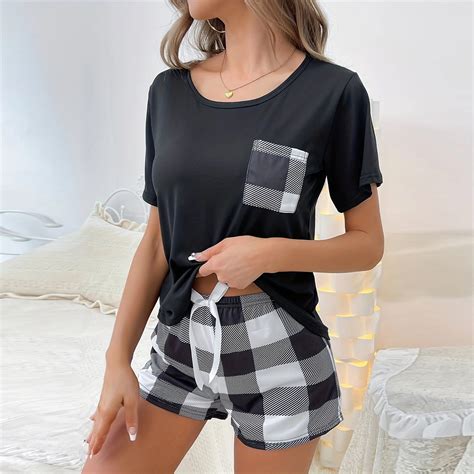 Amidoa Womens Pajamas Set Elastic Waist Short Sleeve Plaid Pajama Sets ...