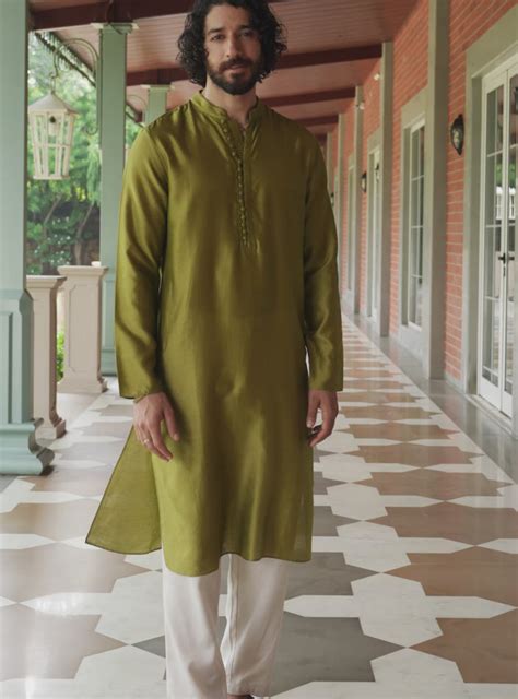 Buy Vir Green Cotton Silk Kurta | Evening/Occasion Green Solid Mid ...