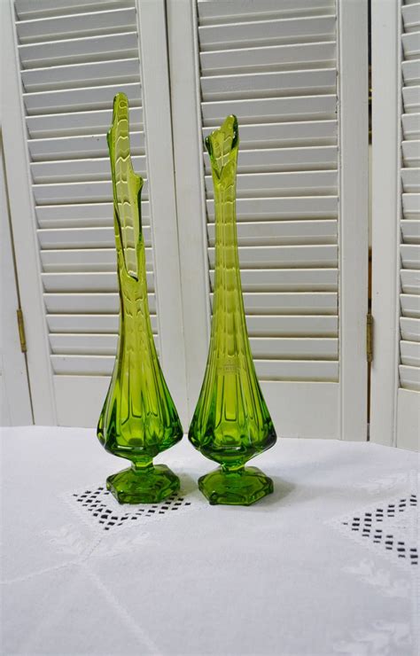 Vintage Viking Swung Glass Vase Set of 2 Green Stretch Glass Flower ...