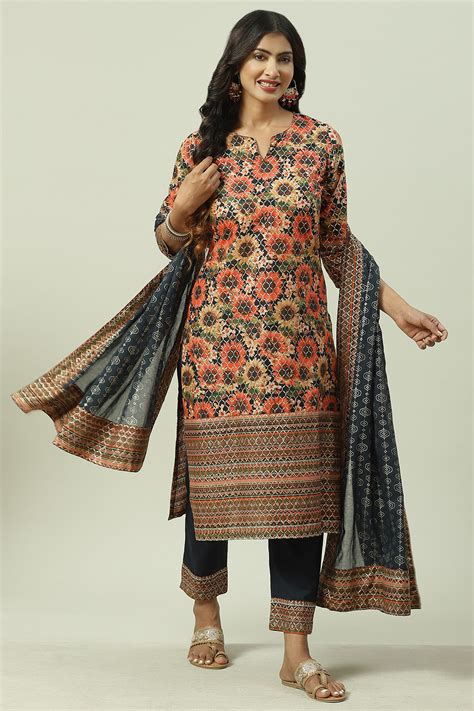 Black Cotton Straight Kurta Slim Pant Suit Set at Biba India