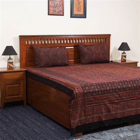 Red Natural Dyed Block Print Cotton Double Ajrakh Bed Sheet Set