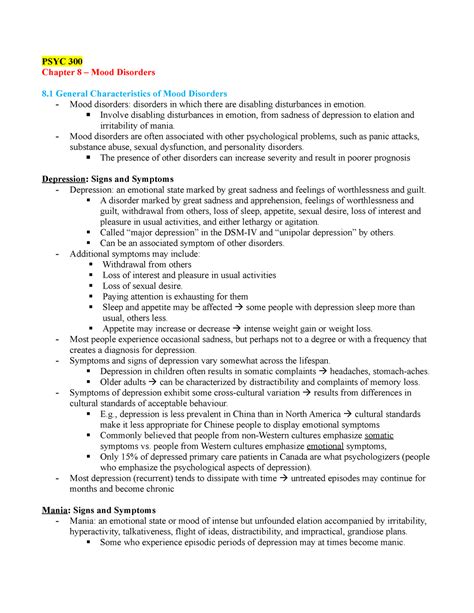 Chapter 8 - Mood Disorders - PSYC 300 Chapter 8 – Mood Disorders 8 ...