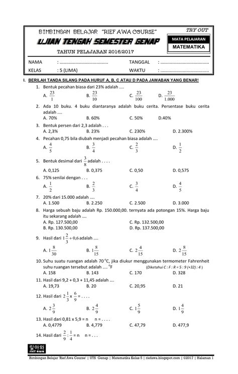 Soal Ujian Matematika Kelas 6 Semester 2