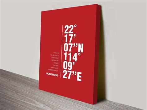 Hong Kong Red Coordinates Longitude Latitude Wall Art