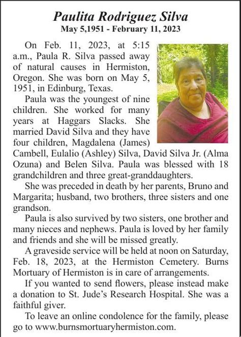 Obituary: Paulita Rodriguez Silva, May 5,1951 - February 11, 2023 ...