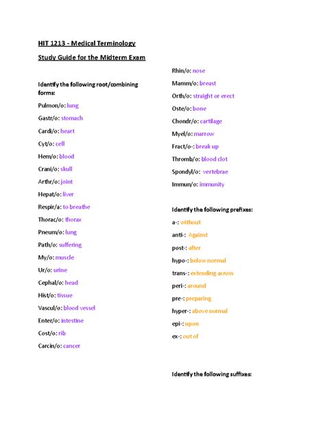 Midterm Exam Study Guide - HIT 1213 - Medical Terminology Study Guide ...