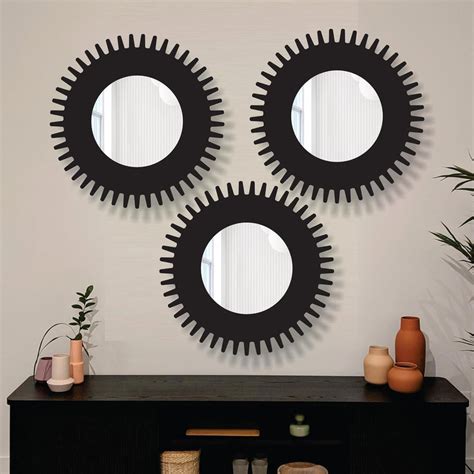Set of 3 Round Wall Mirrors - 11 Inch Handcrafted Wooden Frame with HD ...