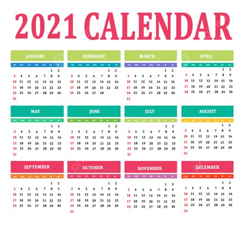 Calendario 2021 De Múltiples Colores Descarga gratuita de plantilla en ...