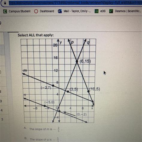 [FREE] Select all that apply A. The slope of m is -2/5 B. The slope of ...