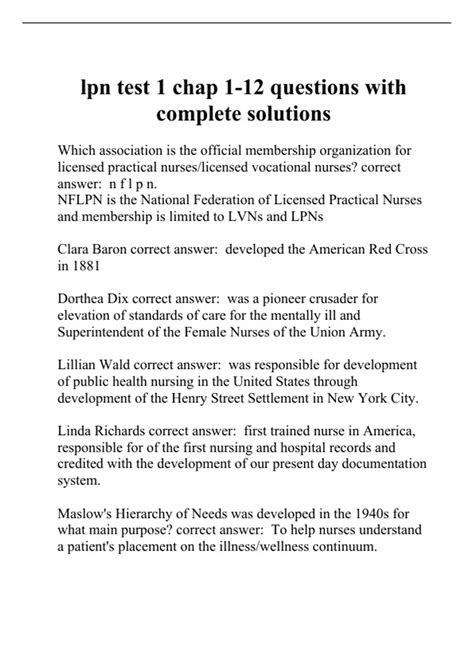 lpn test 1 chap 1-12 questions with complete solutions - Nursing LPN ...